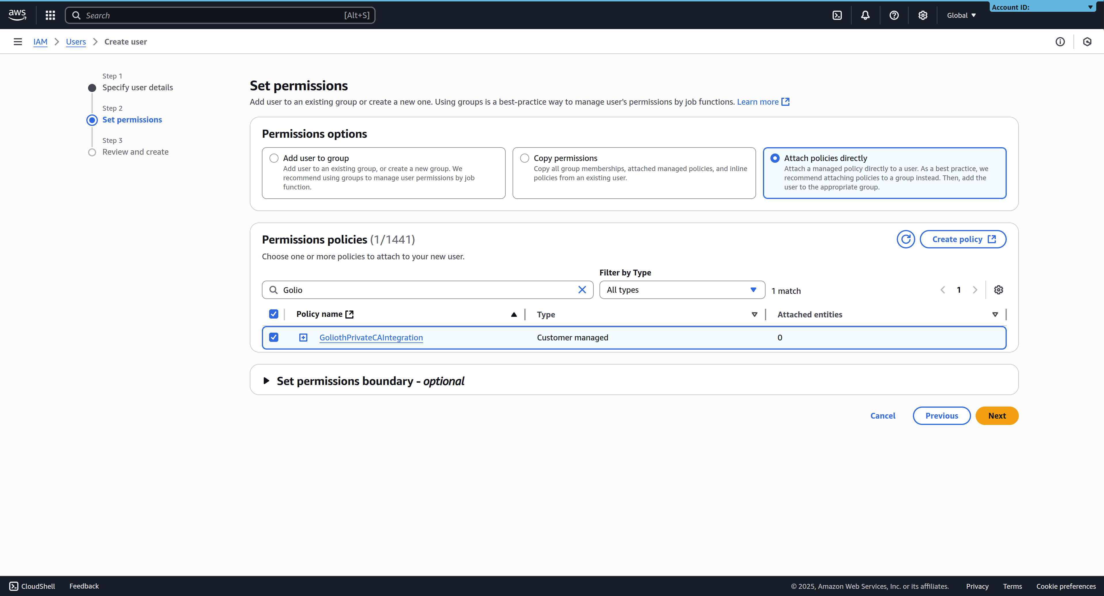 Attaching the AWSPrivateCAReadOnly policy