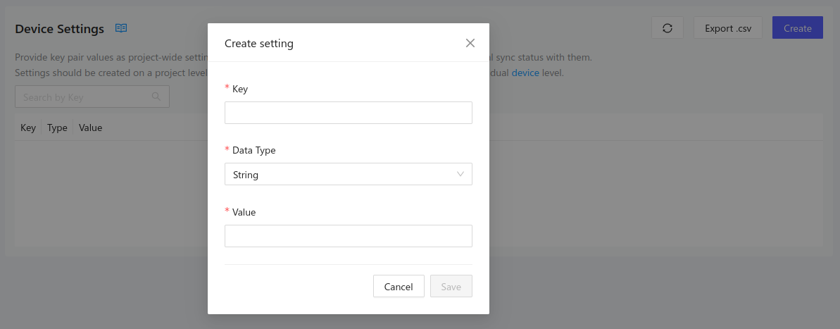 Create new setting modal