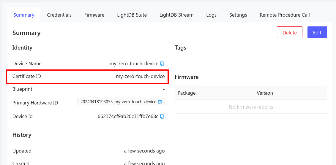 Device Certificate ID on summary
page
