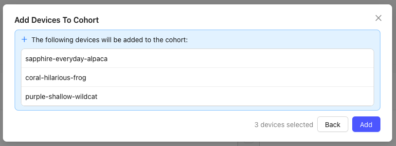 Confirm adding a device to a Cohort in the Golioth
Console